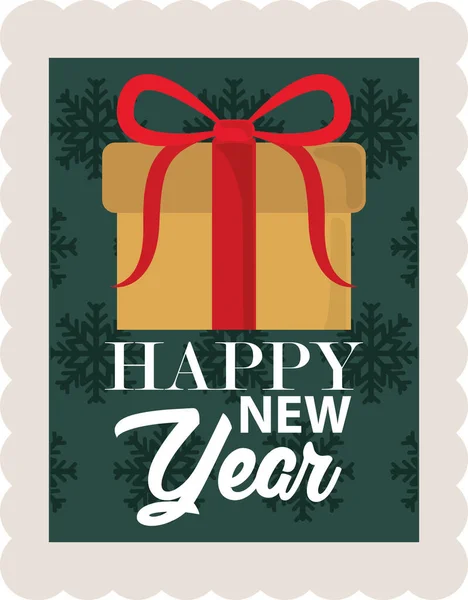 Mutlu yıllar 2021, paketlenmiş hediye paketi kar taneleri yeşil arkaplan, posta pulu simgesi — Stok Vektör