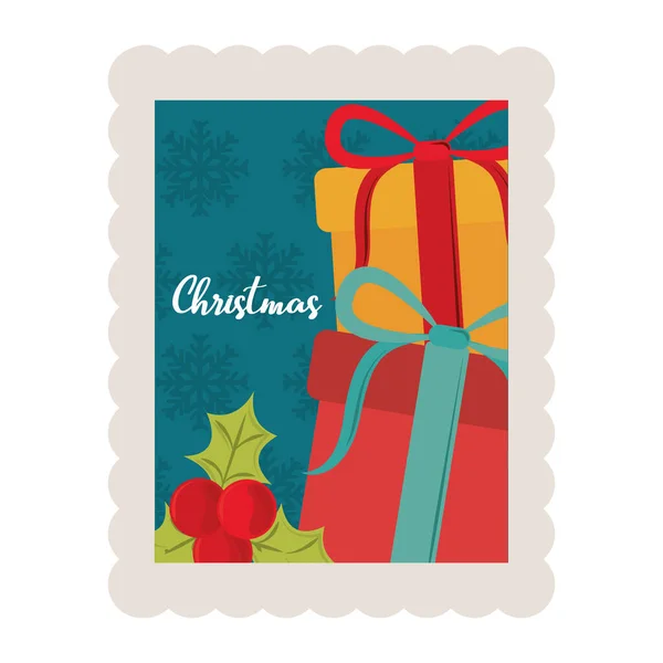 Caixas de presente de Natal feliz e ícone de carimbo de decoração de baga azevinho — Vetor de Stock