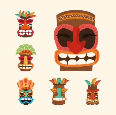 tiki yüz simgeleri seti, egzotik süslemeler beyaz arkaplanda izole edilmiş