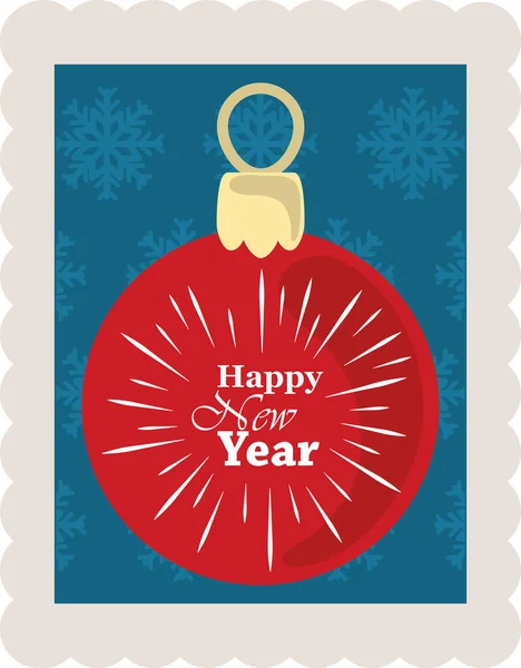 Mutlu yıllar 2021, harf ve mavi arkaplan ile kırmızı top kar taneleri, posta pulu simgesi — Stok Vektör