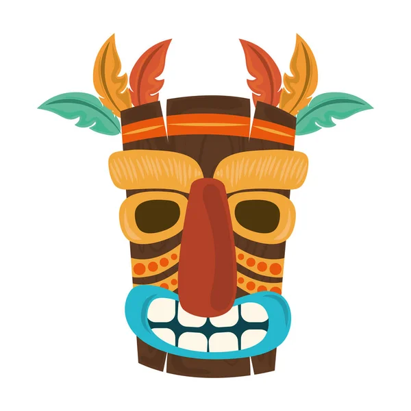 Tiki tribal ξύλινη μάσκα φτερό διακόσμηση απομονωμένη σε λευκό φόντο — Διανυσματικό Αρχείο