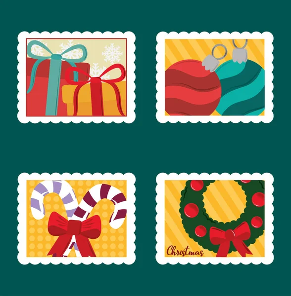 Frohe Weihnachten Briefmarken-Set, Geschenkboxen, Kugeln, Zuckerrohr und Kranz — Stockvektor