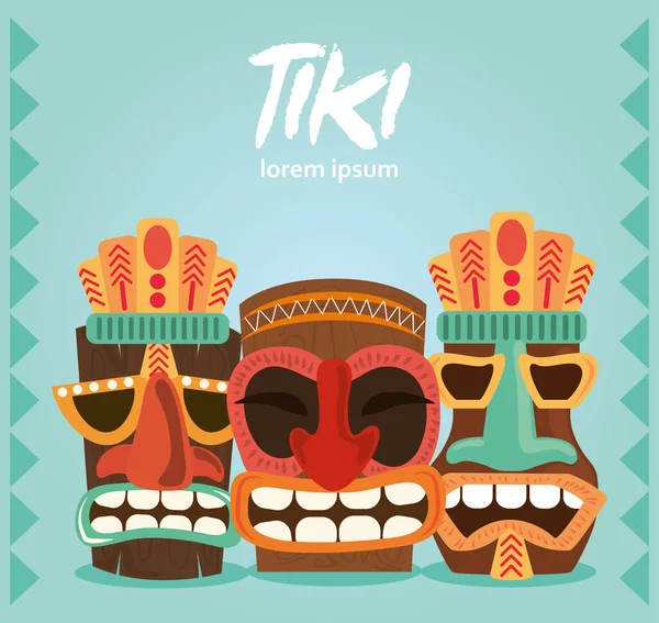 Tiki hagyományos szobor dekoráció készlet polinézia és hawaii kártya — Stock Vector