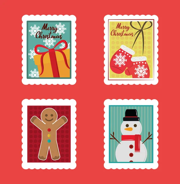 Frohe Weihnachten Briefmarkensatz, Geschenk, Fäustlinge, Schneemann und Lebkuchenmann — Stockvektor