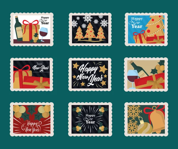 Felice anno nuovo 2021, icone francobollo set con bottiglia di vino, alberi, regali e altro ancora — Vettoriale Stock