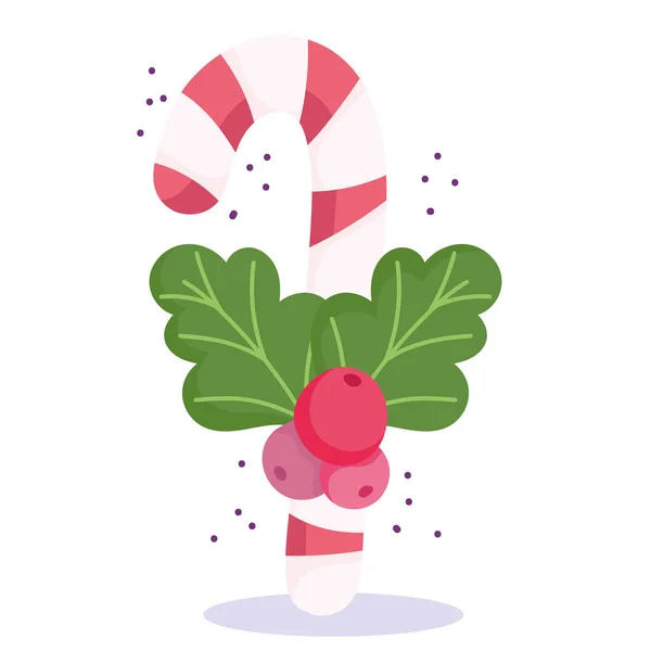 Feliz Navidad, lindo bastón de caramelo y caricatura de baya de acebo — Vector de stock