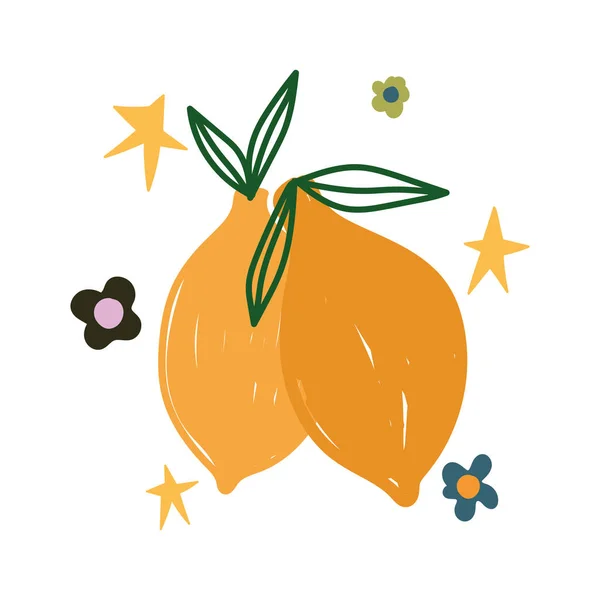 Doodle contemporâneo, limões citrinos flores estrelas decoração —  Vetores de Stock