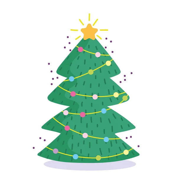 Feliz Navidad, bolas de árbol lindo y dibujos animados estrella — Vector de stock