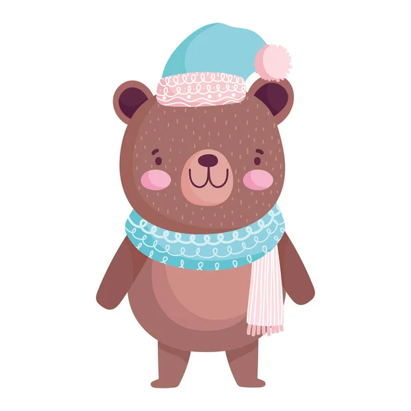Счастливого Рождества, милый медведь в шляпе и шарф животных мультфильм — стоковый вектор