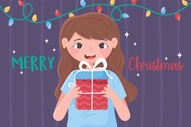 Mutlu noeller hediye kutusu ve ışık süslemesi olan tatlı kız.