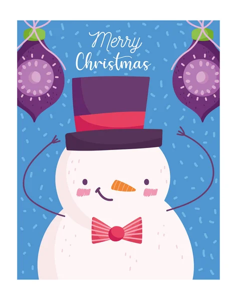 Feliz Natal, bonitinho boneco de neve com bolas cartão de decoração desenhos animados —  Vetores de Stock