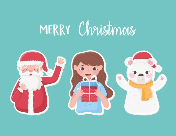 Frohe Weihnachten dekorative Aufkleber mit Weihnachtsmann mit Geschenk und Bär — Stockvektor