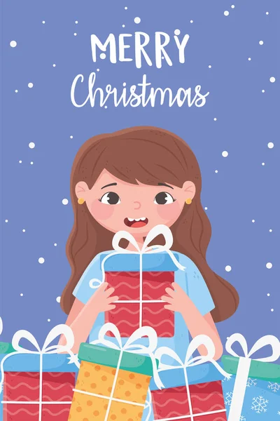 Veselé Vánoce šťastná dívka s mnoha dárkových krabic karty — Stockový vektor