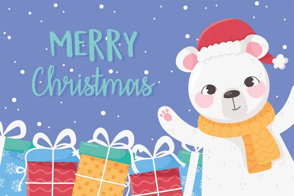 Frohe Weihnachten niedlicher Bär mit Mütze Schal und Geschenk-Boxen-Karte — Stockvektor