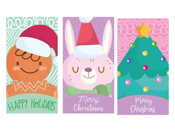 Buon Natale, simpatico uomo di pan di zenzero, coniglio e albero biglietto di auguri cartone animato — Vettoriale Stock