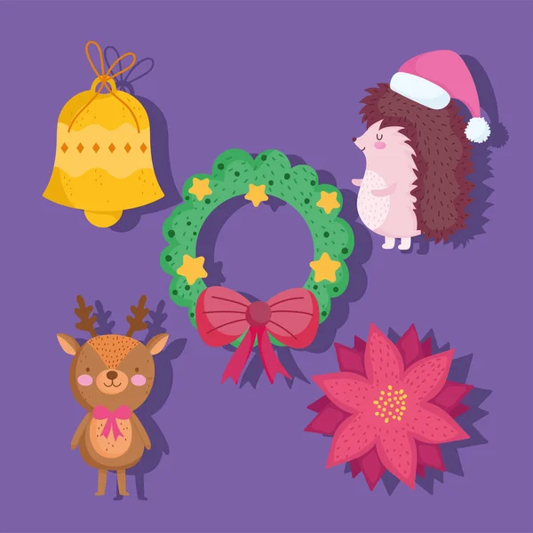 Merry christmas, cute hedgehog wreath flower deer flower and bell cartoon icons — Stock Vector