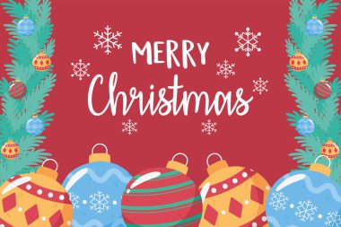 Mutlu noel tebrik kartları ve dalları süslenmiş balolar.