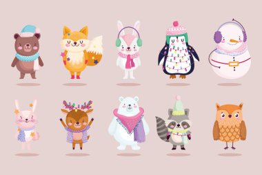 Noel tatlı kardan adam tavşan penguen tilki ayı ve baykuş hayvan çizgi filmi