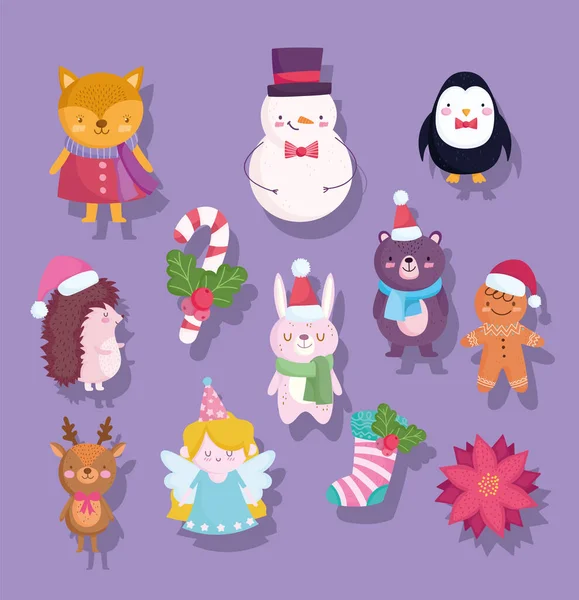 Vrolijk kerstfeest, leuke sneeuwman beer pinguïn hert bunny vos bloem sok cartoon pictogrammen — Stockvector