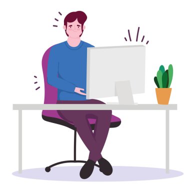 Masada dizüstü bilgisayar ve kaktüsle çalışan bir adam.