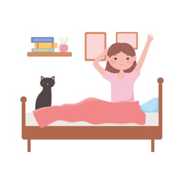 Günlük rutin sahne, yatakta kedisiyle oturan bir kadını uyandırmak.