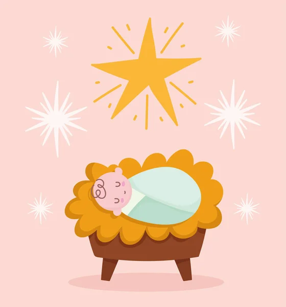 Belén, pesebre lindo bebé jesus en cuna y caricatura estrella — Vector de stock