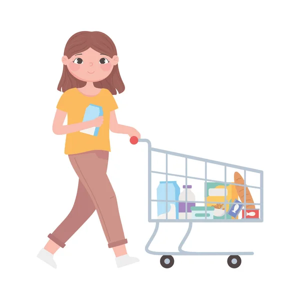 日常生活や牛乳箱を手にした女性市場のショッピングカート — ストックベクタ