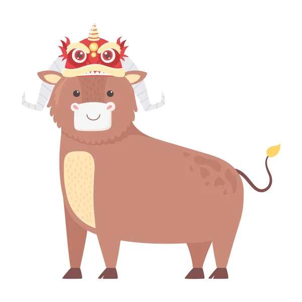 Feliz año nuevo 2021 chino, buey de dibujos animados con decoración asiática en la cabeza — Vector de stock