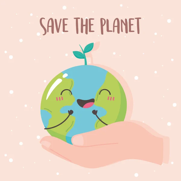 地球を救うかわいい地球地図の漫画を手に — ストックベクタ