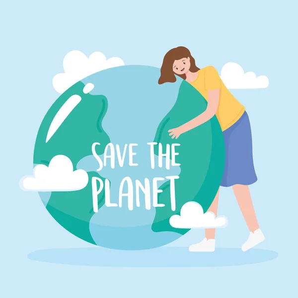 Salvar o planeta, mulher abraça mapa da terra com nuvens —  Vetores de Stock