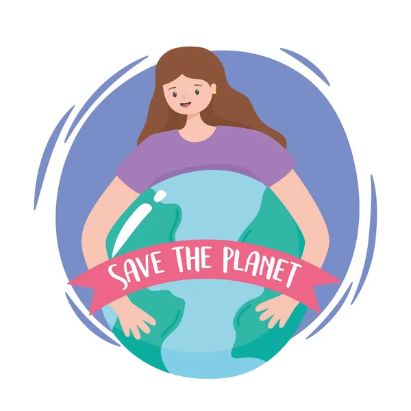 Salvar o planeta, jovem abraços mapa terra e emblema fita —  Vetores de Stock