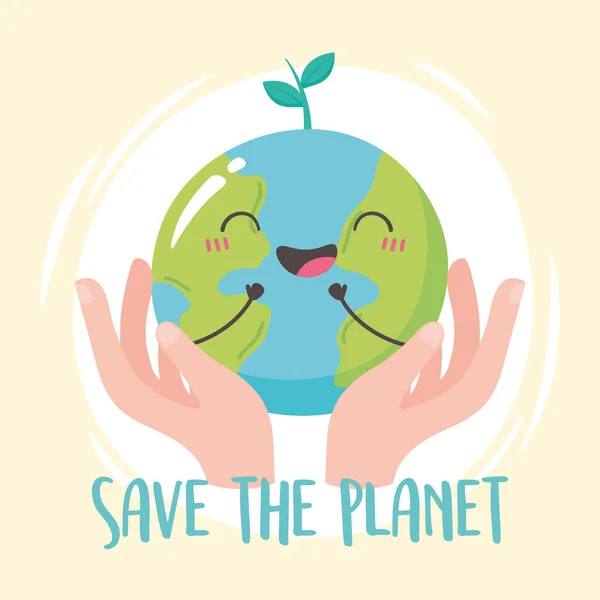 Sauver la planète, mains tenant dessin animé heureux carte de la terre — Image vectorielle