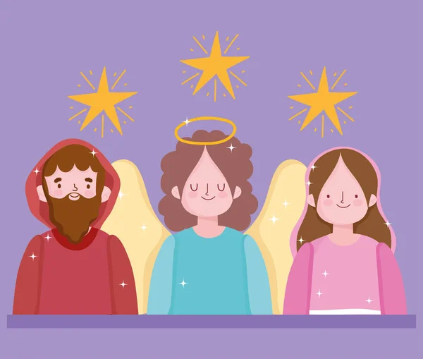 Natividad, pesebre santa Mary Joseph y caricatura ángel — Vector de stock
