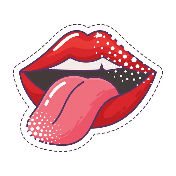 Weiblichen Mund und Zunge aus Pop-Art-Element Sticker-Symbol — Stockvektor