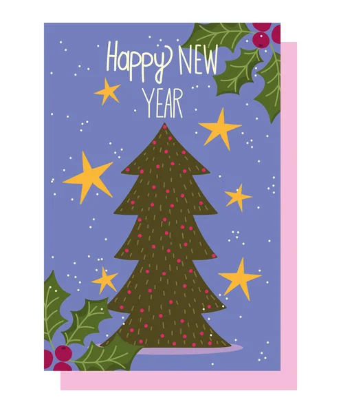 Feliz ano novo 2021, cartão de saudação com árvore e estrelas decoração —  Vetores de Stock