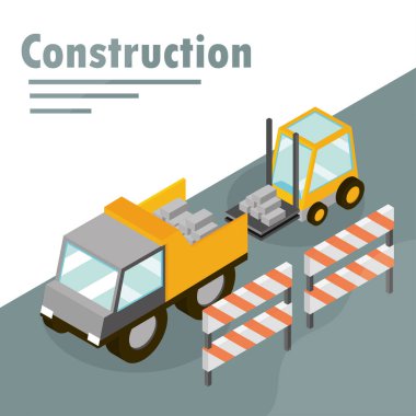 Çöp kamyonu izometrik üzerinde inşaat forklift yükleme araçları