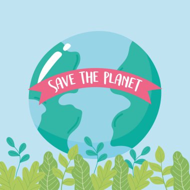 Gezegeni kurtarın, yaprakların üzerindeki dünya haritası yeşillik ekoloji amblemi