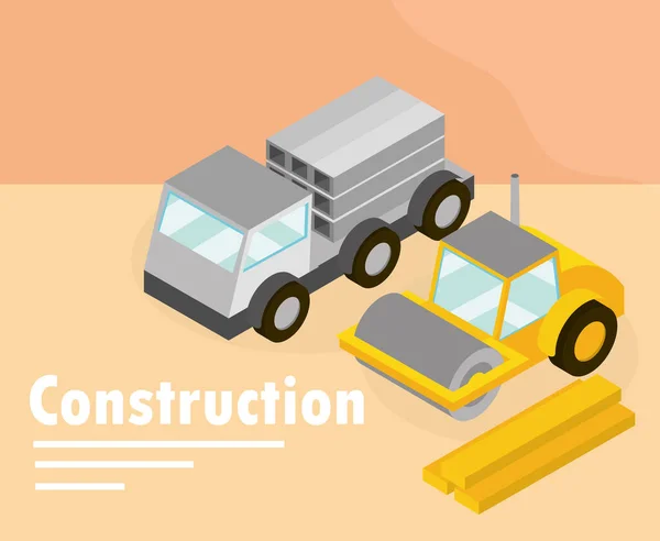 Máquina de rolo de estrada de construção e caminhão isométrico —  Vetores de Stock