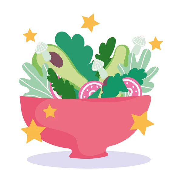 Cocina, bol con verduras frescas ensalada, estilo de dibujos animados — Vector de stock