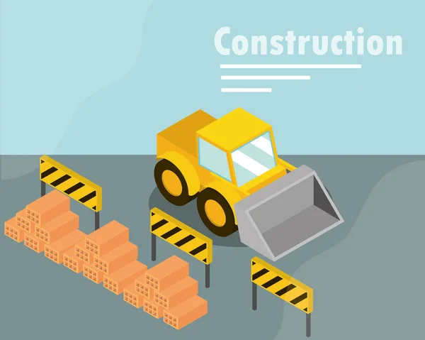 Construcción bulldozer barreras y ladrillos isométricos — Vector de stock