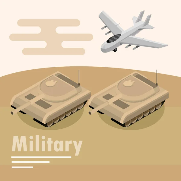 Transporte militar tanque blindado y avión — Vector de stock