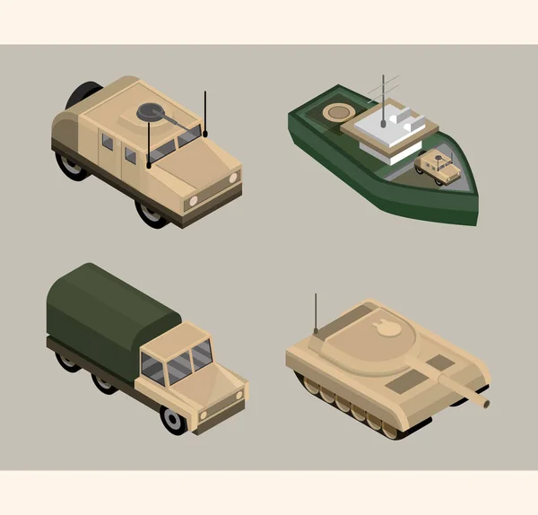 Военные иконки с военным кораблем, грузовиком и бронированным танком — стоковый вектор