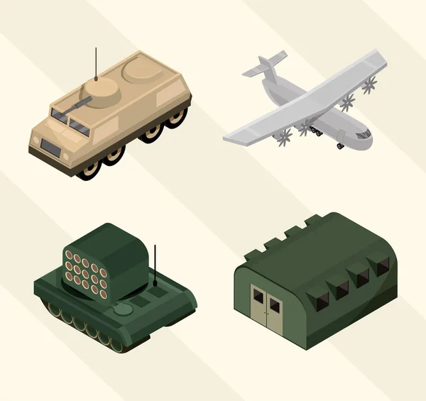 Conjunto de iconos militares con cuarteles, avión, tanque y tanque blindado — Vector de stock