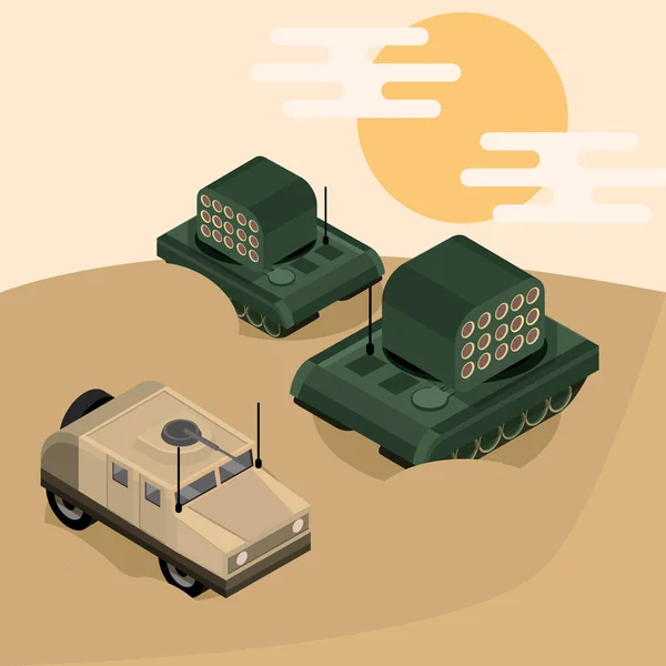 Tanques blindados militares con cohetes y humvee con ametralladora — Vector de stock