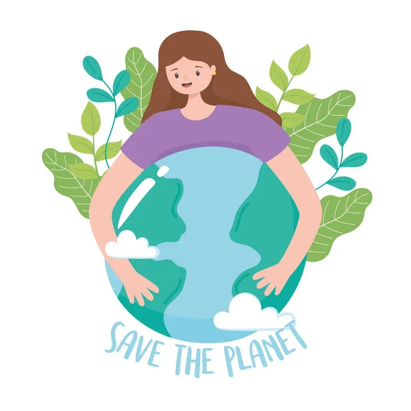 Salvar o planeta, menina abraçando mapa terra com folhas desenhos animados —  Vetores de Stock