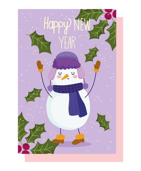 Happy new year 2021, snowman with hat scarf and boots decoration card — Stock Vector