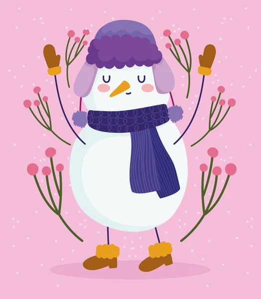 Feliz ano novo 2021, boneco de neve com cachecol chapéu e botas, decoração floral — Vetor de Stock