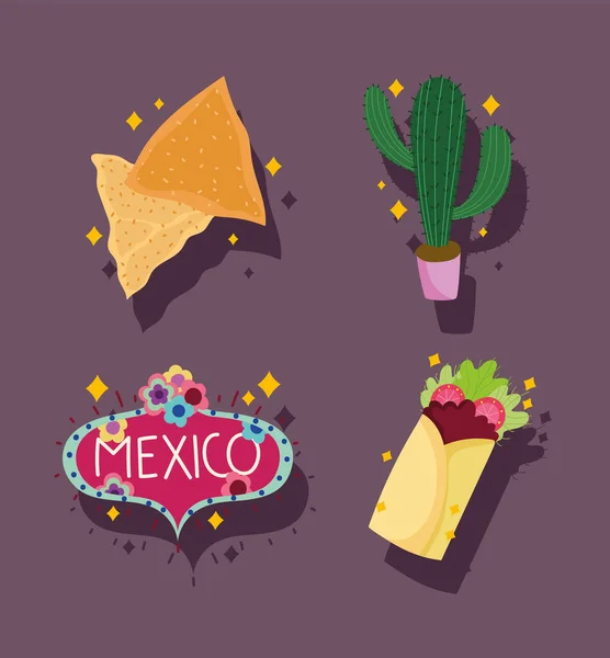 Conjunto de iconos de cultura mexicana, cactus, nacho, burrito, decoración de letras — Vector de stock