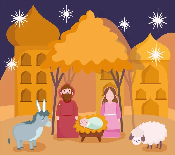 Kerststal, kribbe schattig Mary Joseph baby Jezus en dieren cartoon scene — Stockvector