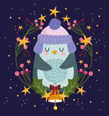 Mutlu yıllar 2021, çanı ve çiçekli sevimli penguen